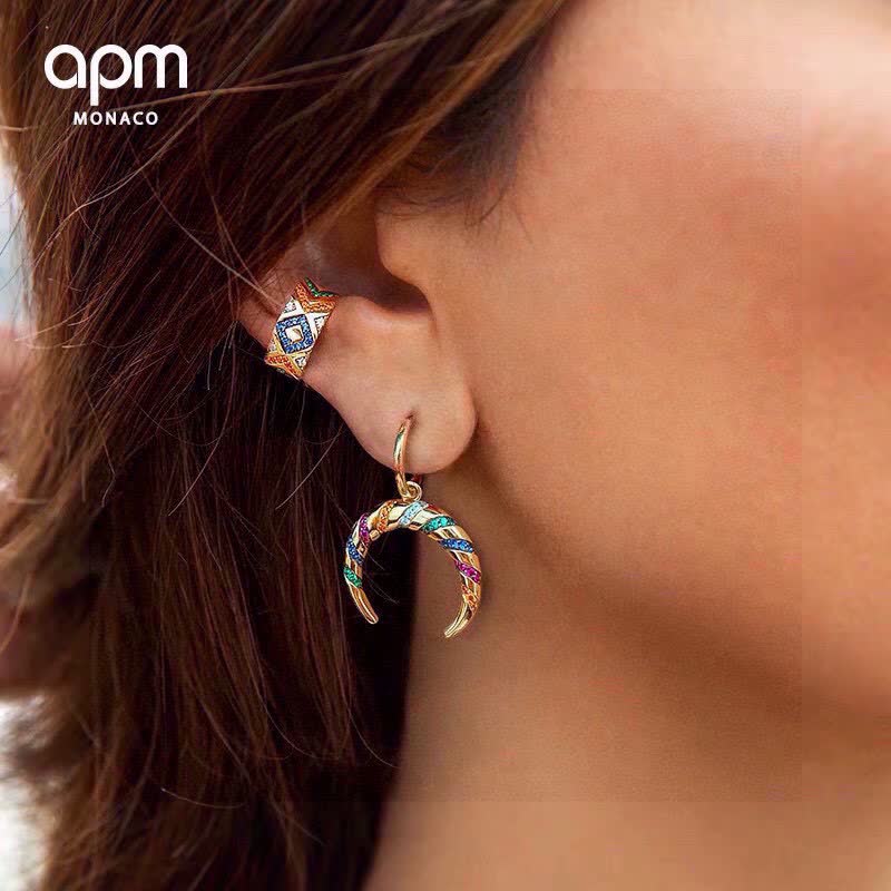 APM Monaco Gold Multi-Color Gemstone Crescent Hoop Earrings